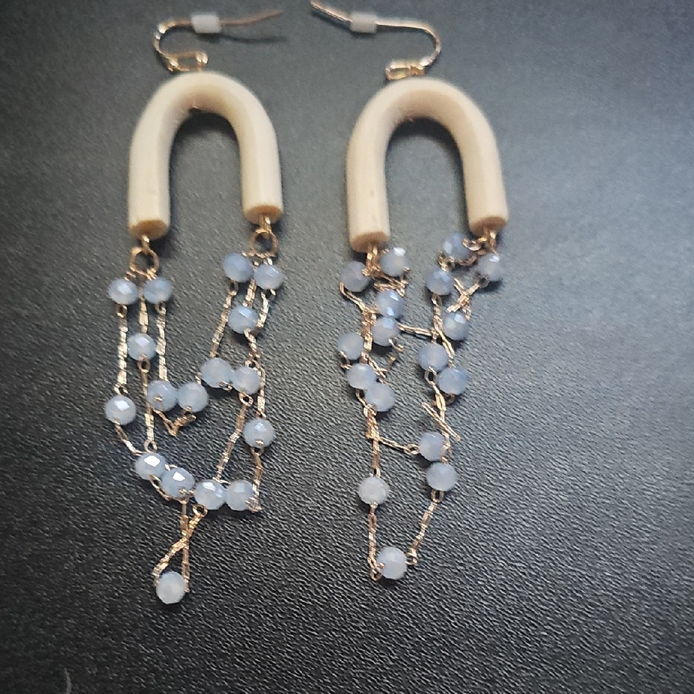 Elegant White Arch Drop Earrings with Pale Blue Beads